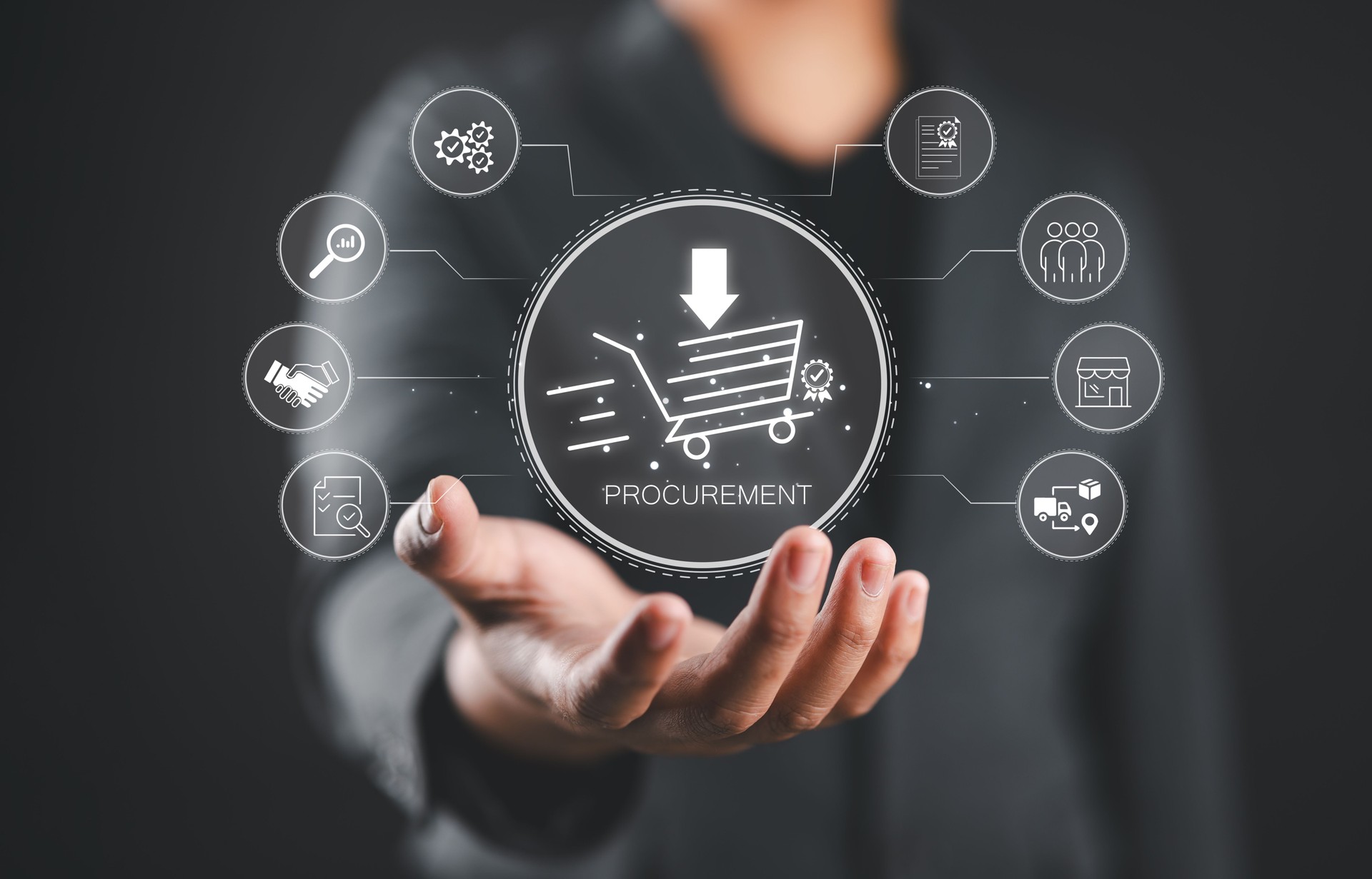 Procurement management and supply chain concept. Procurement icons related to logistics, supply chain, inventory management. Procurement in ensuring efficient business operations. Delivery service